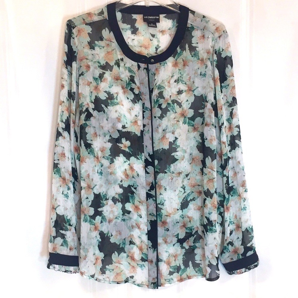LIZ Claiborne 1X Sheer Blouse Floral PIT TO PIT 26"  corals, greens, Preworn